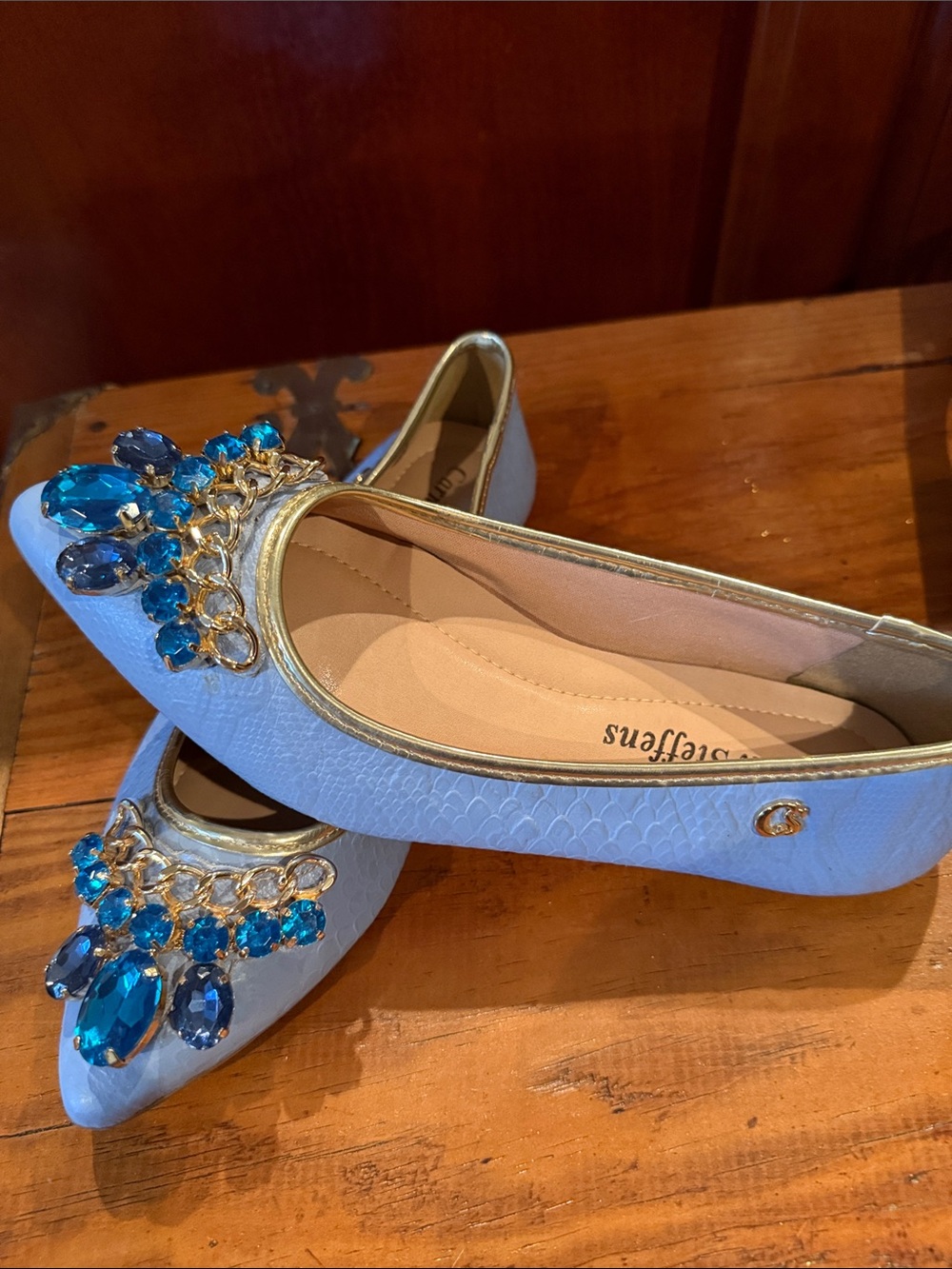 Carmen Steffens Blue Jeweled Pointed Toe Flats
